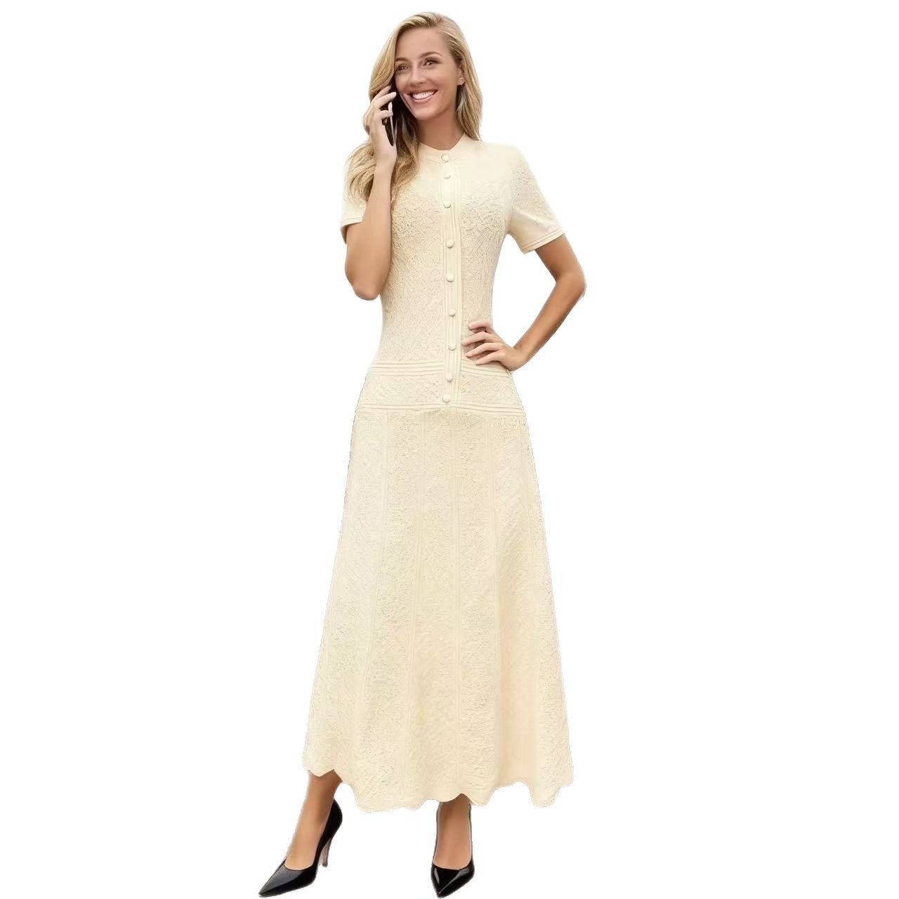 Sandro French Retro Short Sleeve Eyelet Knit Dress