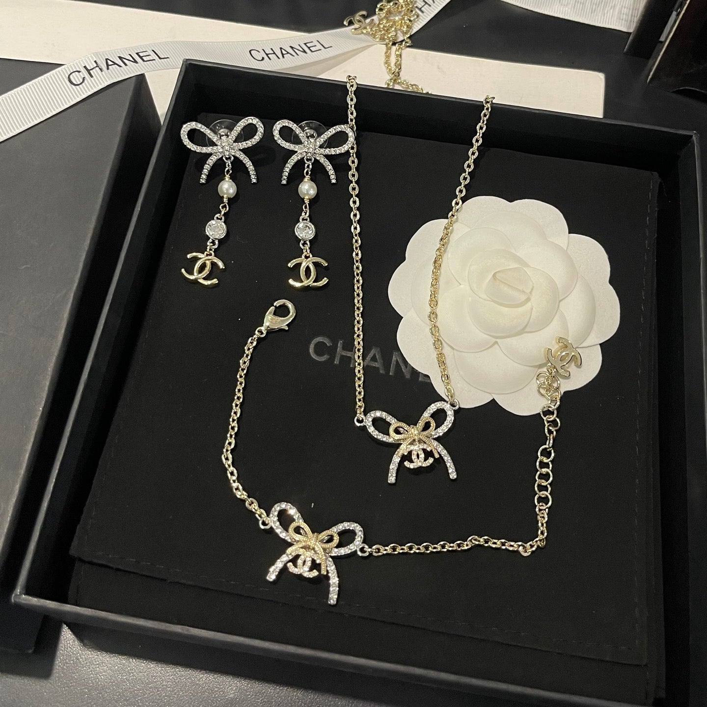 Chanel Double Knot Necklace Bracelet Earrings
