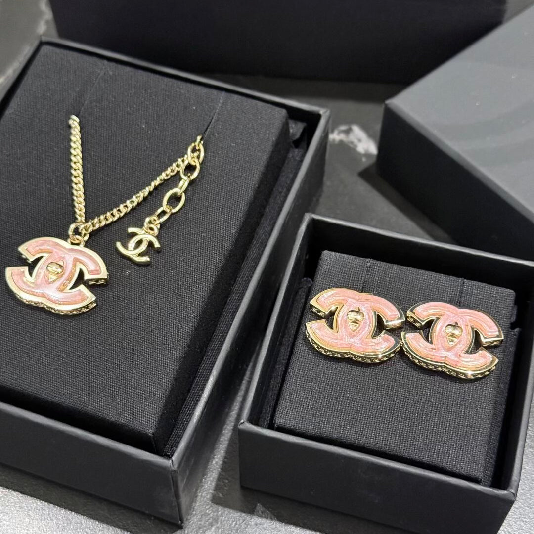 Chanel Pink Necklace Earrings