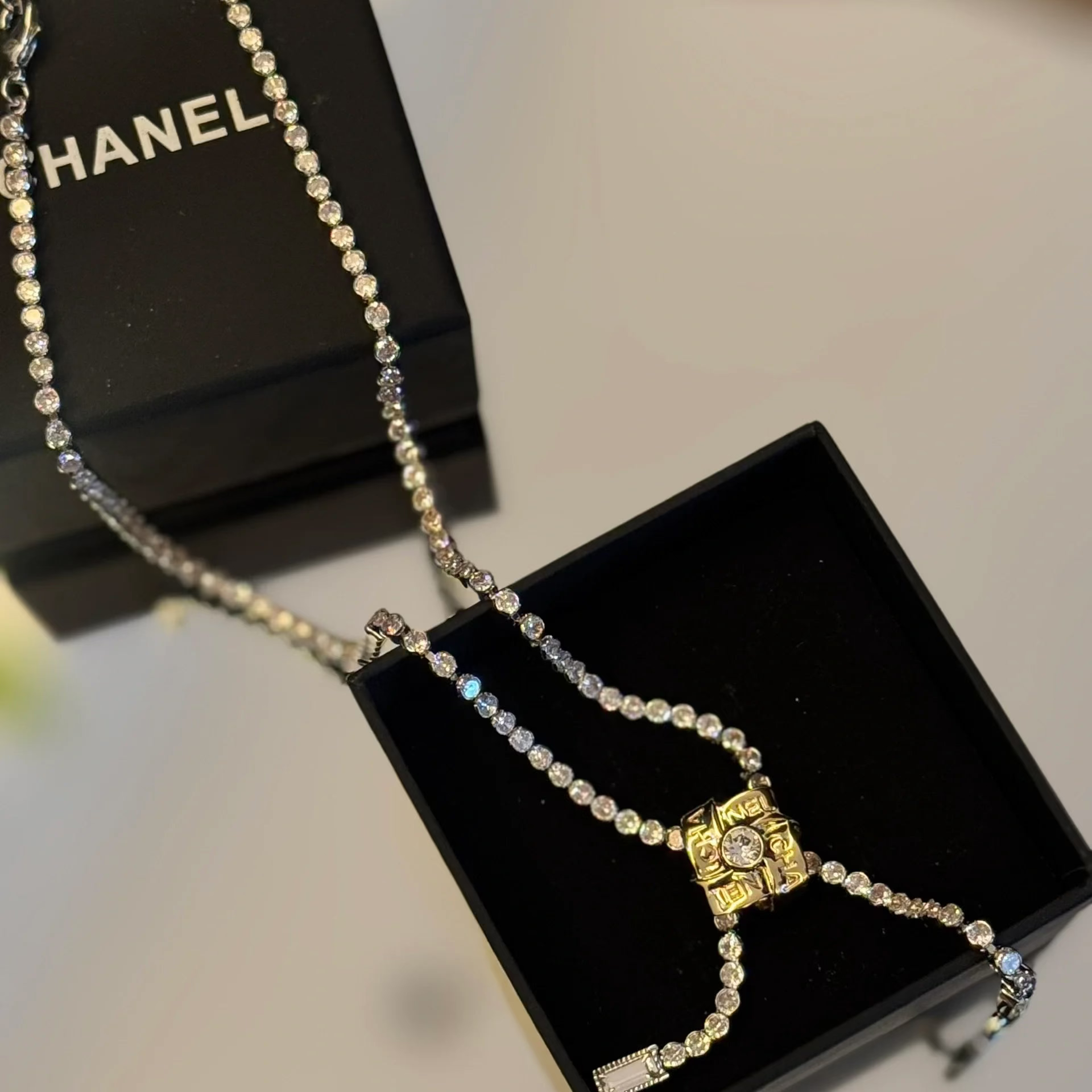 Chanel 25a Suede Diamond Necklace Earrings